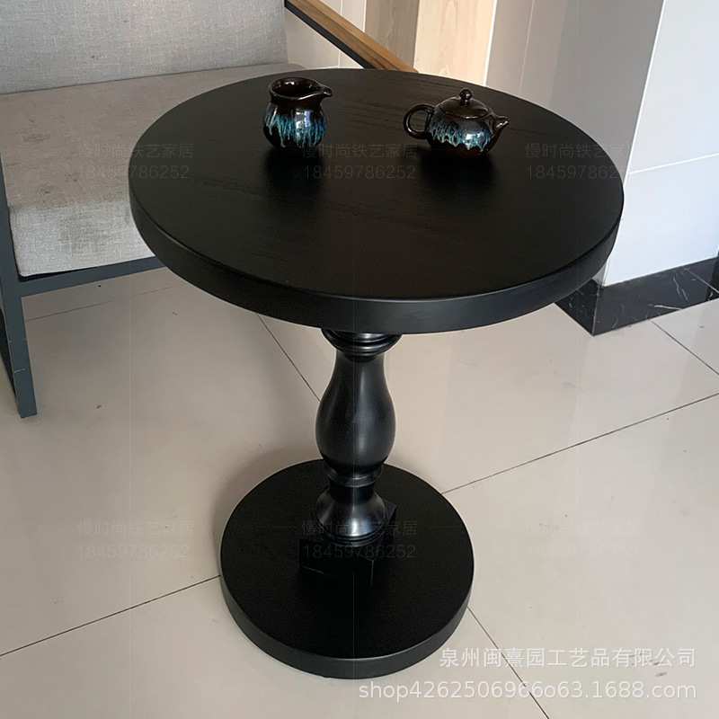 美式咖啡桌法式复古60cm圆餐桌边几高款茶几中古实木黑色小圆桌子