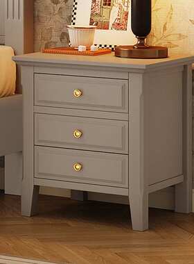 全实木现代简约床头柜多功能收纳储物柜莫兰迪灰色家用主卧床头柜