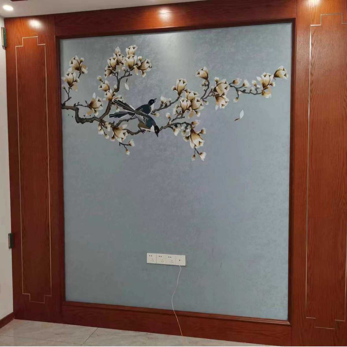 独绣刺绣花鸟墙布背景客厅沙发卧室无缝壁布玉兰新中式壁画新款