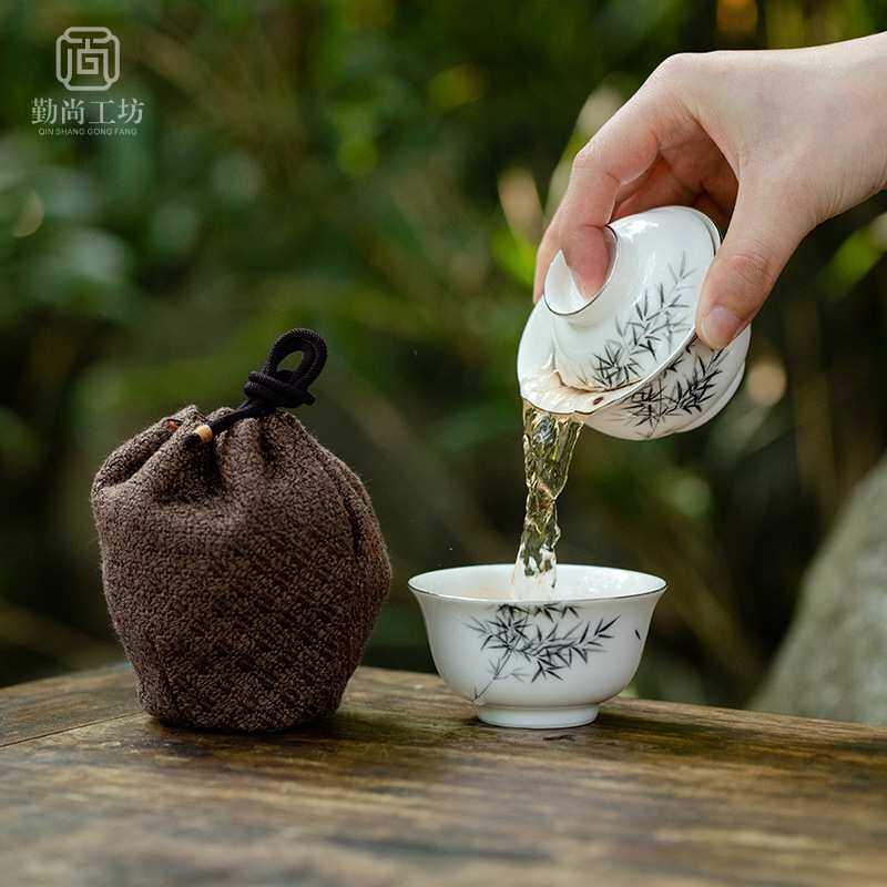 仿古手绘墨竹快客杯描银陶瓷盖碗茶杯小套组便携布袋装旅行茶具