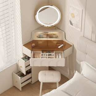 实木小户型拐角梳妆台卧室家用墙角化妆桌带化妆镜转角床头柜一体