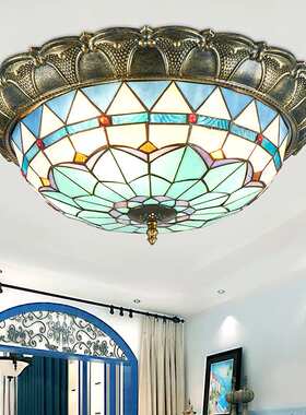 地中海风格LED吸顶灯卧室房间灯蒂凡尼彩色玻璃入户客厅餐厅灯具