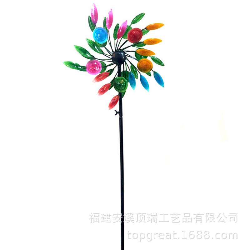 热卖户外插地式铁艺风车风动式创意花园草坪风车七彩圆圈装饰摆件