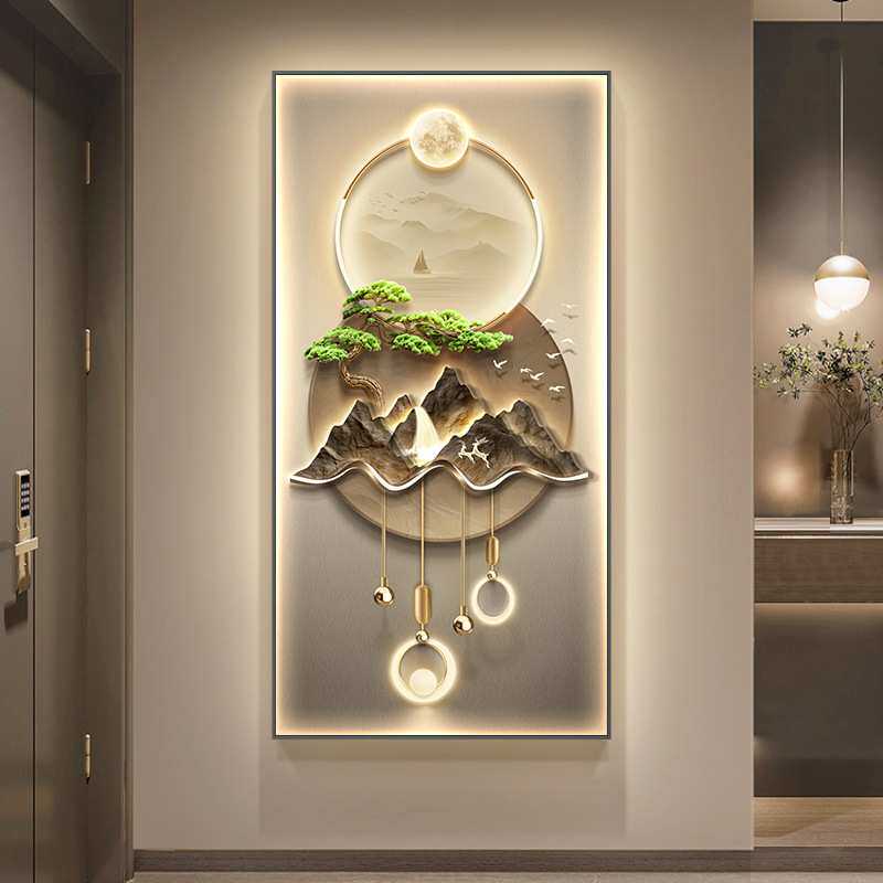 迎客松玄关山水装饰画过道走廊楼梯风景挂画入户正对门轻奢壁画灯