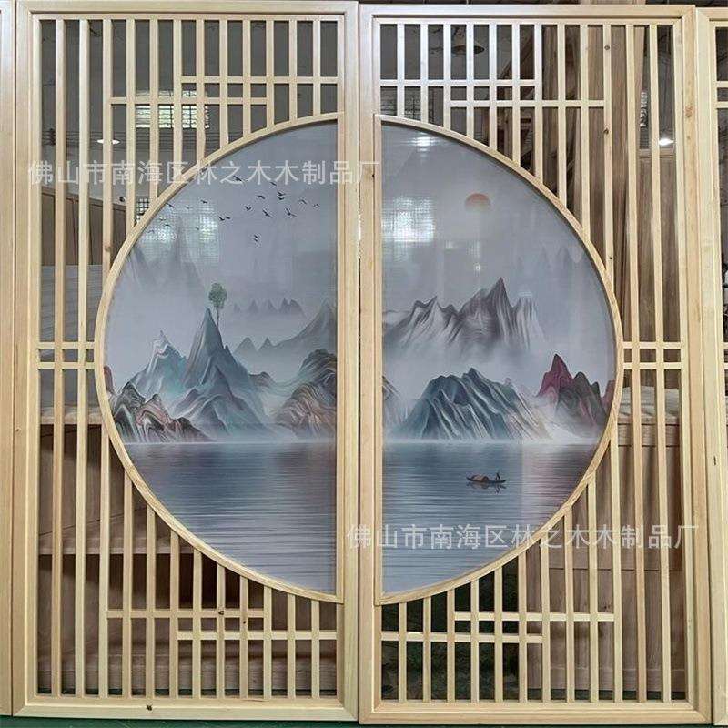 源头厂家新中式实木屏风隔断墙客厅镂空花格玄关纱画遮挡格栅