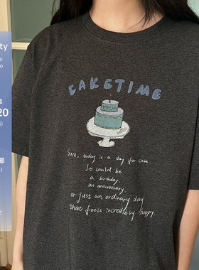 POXFFEE深花灰手绘蛋糕短袖T恤女士夏季新款辣妹设计感打底衫上衣