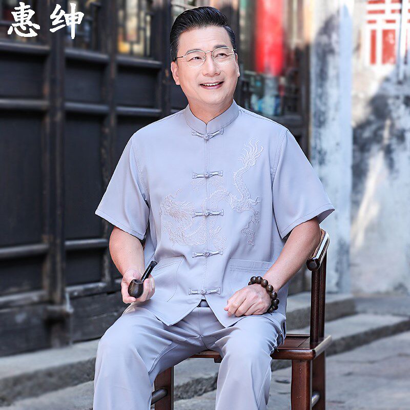 中老年唐装男爷爷夏装中国风短袖套装爸爸2025新款老年人中式衬衫,男装,唐装,淘宝优惠券,粉丝福利购,淘宝优惠卷