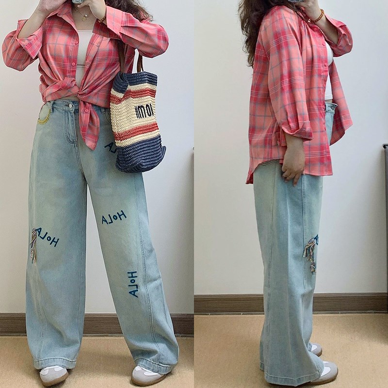 300斤特大码浅色字母刺绣直筒牛仔裤女胖mm巨显瘦裤子宽松阔腿裤