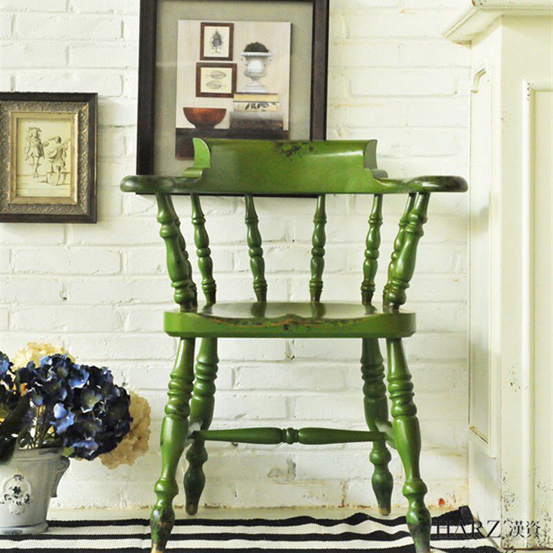 美式单人休闲餐椅欧式实木复古扶手椅书房咖啡厅做旧椅子实木餐椅