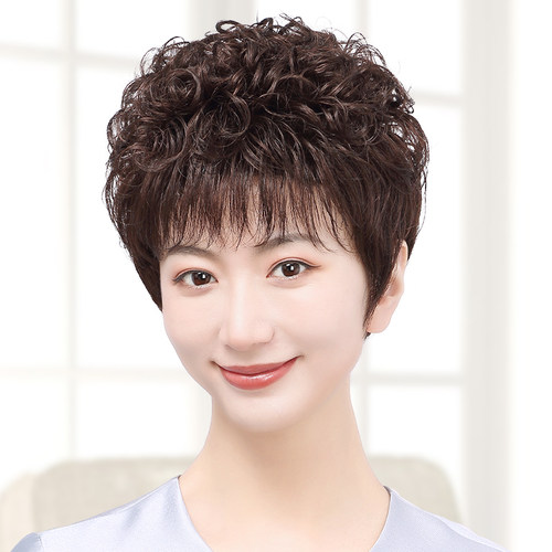 假发女短发全头套自然真发妈妈短卷发型中老年女士真人发丝时尚款