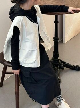 韩国童装女童23春秋季新款洋派休闲纯色儿童单排扣马甲工装半身裙