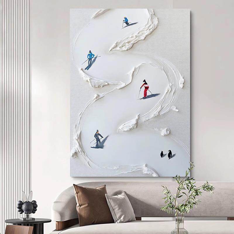奶油风手绘油画客厅装饰画抽象立体厚肌理玄关滑雪卧室挂画高级感