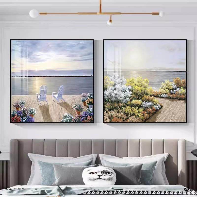 北欧简约卧室床头装饰画正方形两联免打孔挂画植物花卉客房墙壁画