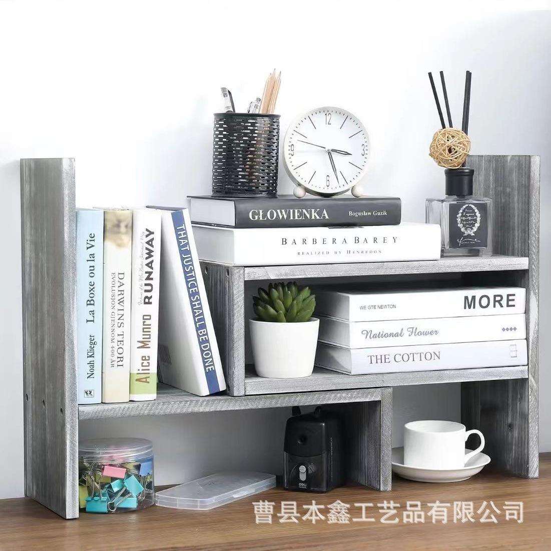 实木置物储物架家庭办公室桌面书本整理收纳架可调式做旧色物品架