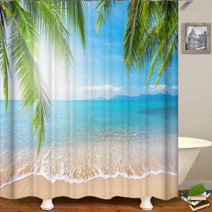 数码印花布沙滩挡 门帘帘子防水防霉水 涤纶棕榈树浴帘布淋浴隔断