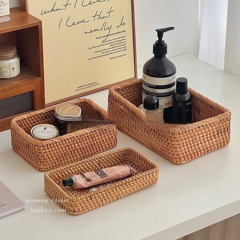 复古杂物长方形置物篮桌面收纳盒化妆品藤编整理盒收纳筐茶几,收纳整理,收纳筐,淘宝优惠券,粉丝福利购,淘宝优惠卷