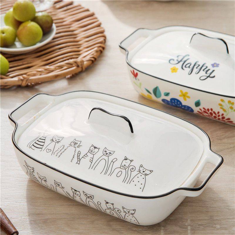 烤盘带盖芝士焗饭碗陶瓷双耳碗微波炉烤箱盘子长方形家用菜盘