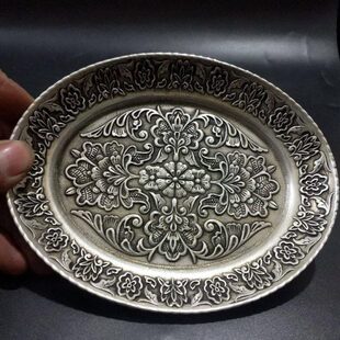 仿古白银博摆件古铜仿古银花开富贵古玩铜器银碗盘银盘收藏器镀