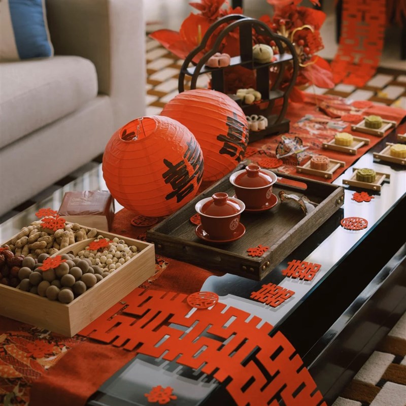 新中式结婚客厅茶几装饰男女方桌布婚H房布置摆台桌旗喜字敬茶杯