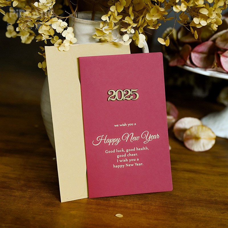 蛇年贺卡复古金属红色特种s纸烫金贺卡元旦新年贺卡2025卡片定制