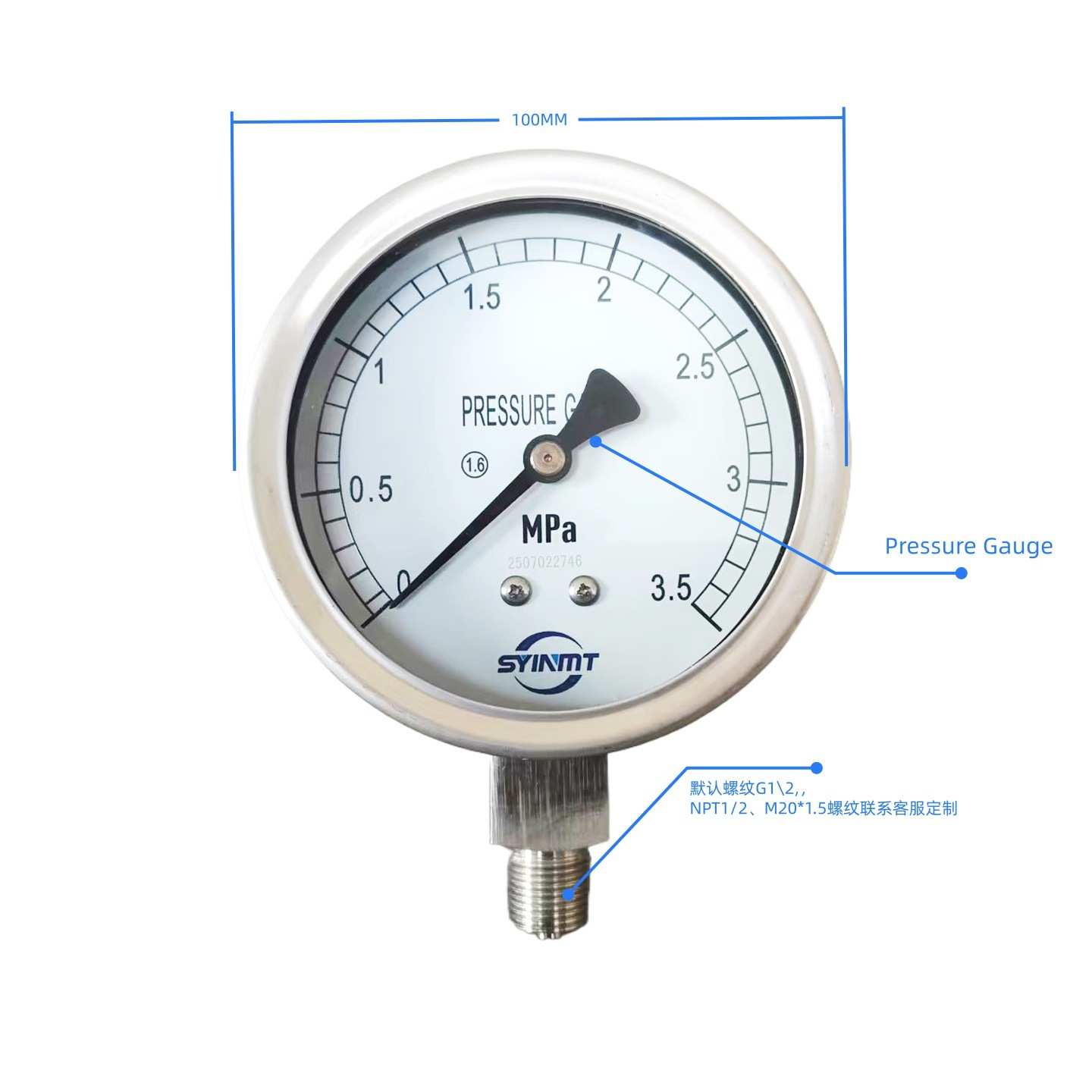 PRESSURE GAUGE压力表3.5MPA Y-100不锈钢材质0-7mpa压力计SYINMT