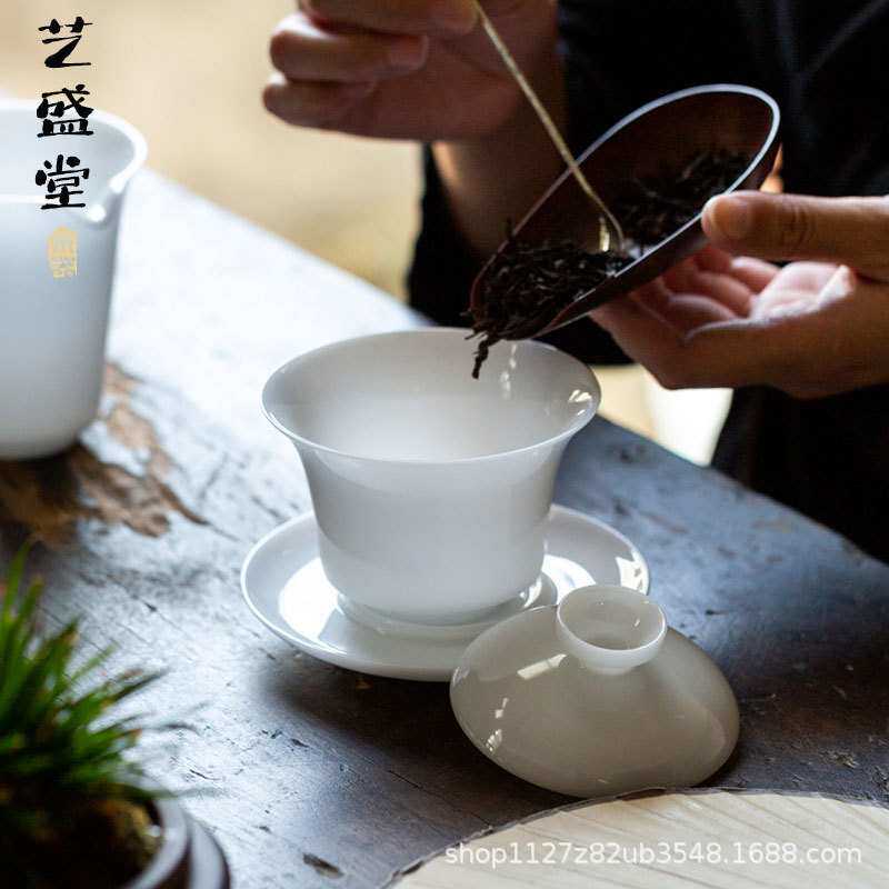 德化冰种玉瓷盖碗白瓷沏茶碗家用陶瓷泡茶碗羊脂玉三才盖碗敬茶杯