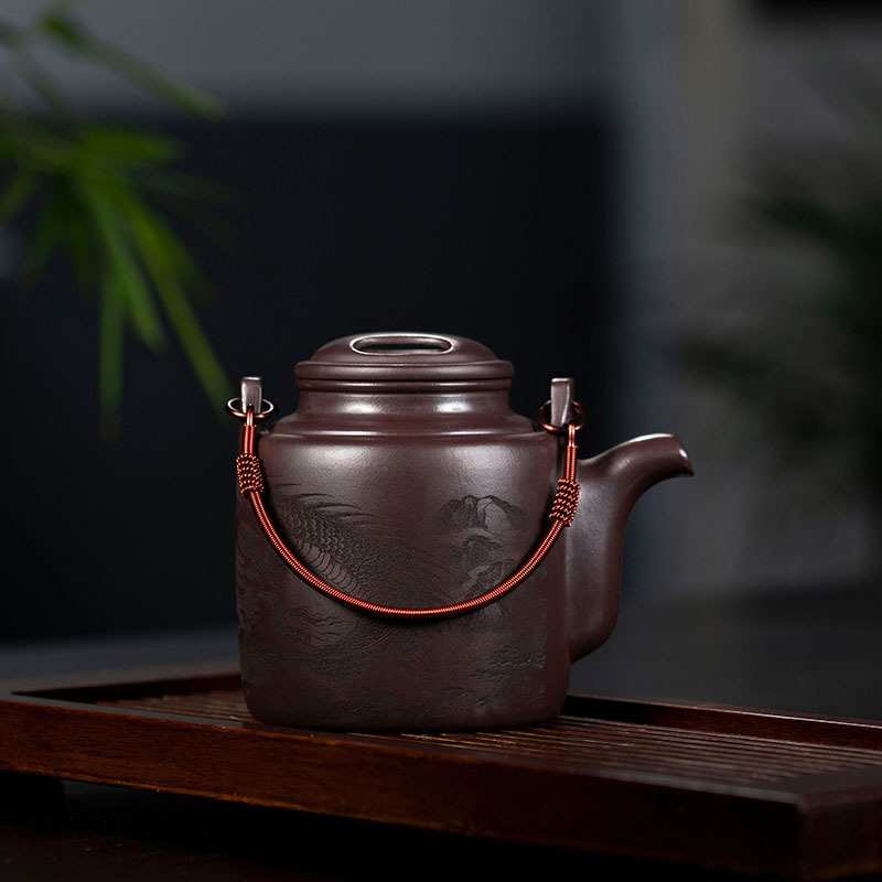 牛盖提梁紫砂壶原矿紫泥壶茶具大号洋桶壶厂家全手工刻绘茶壶家用