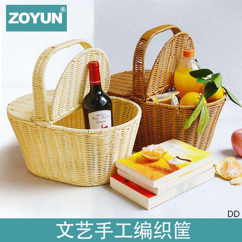 家用藤编收纳筐玩具收纳桶手提带盖防尘户外仿藤编野餐篮子脏衣篮