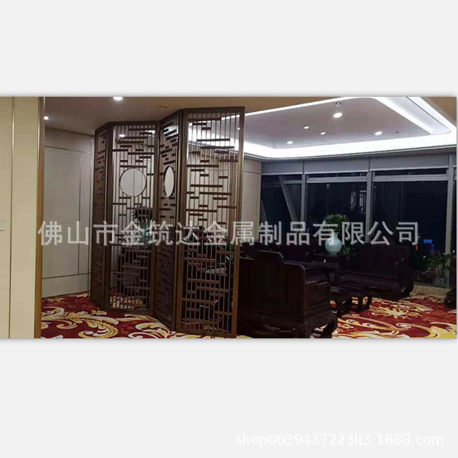 新中式拉丝玫瑰金不锈钢屏风 中间镂空圆环 可留空或内衬彩画