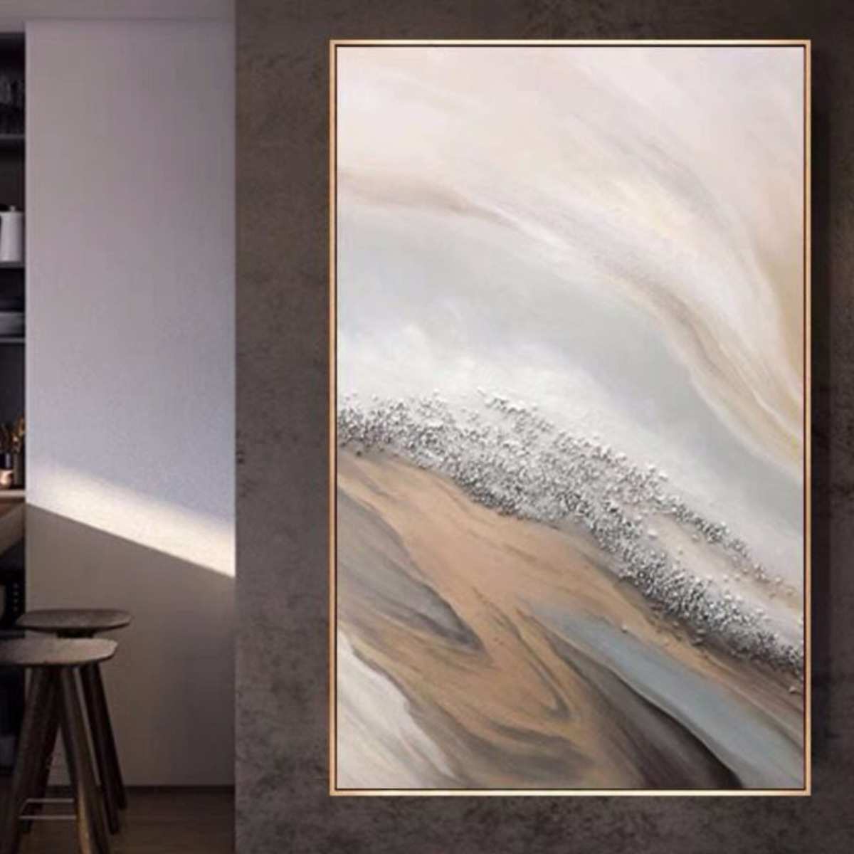 纯手绘抽象海景立体肌理装饰画玄关竖款石子实物油画高端现代挂画