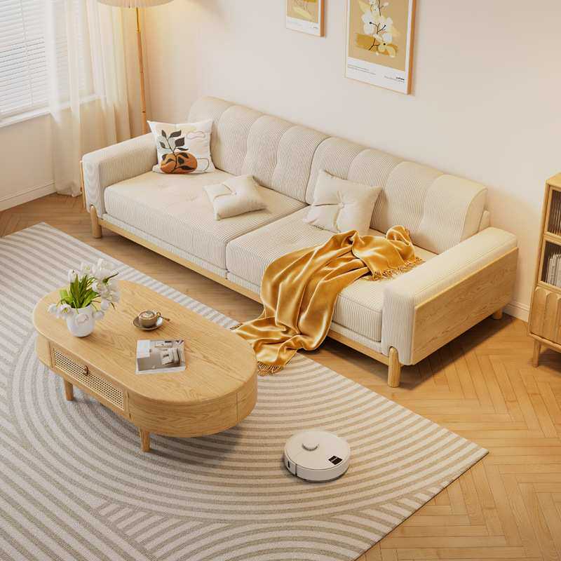 日式实木沙发现代简约小户型奶油风北欧豆腐块三人灯芯绒布艺沙发