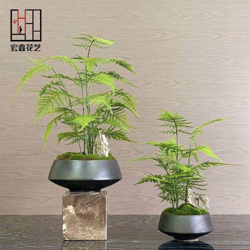 玄硕新中式花艺仿真绿植盆景样板房客厅售楼处玄关植物文竹盆栽摆