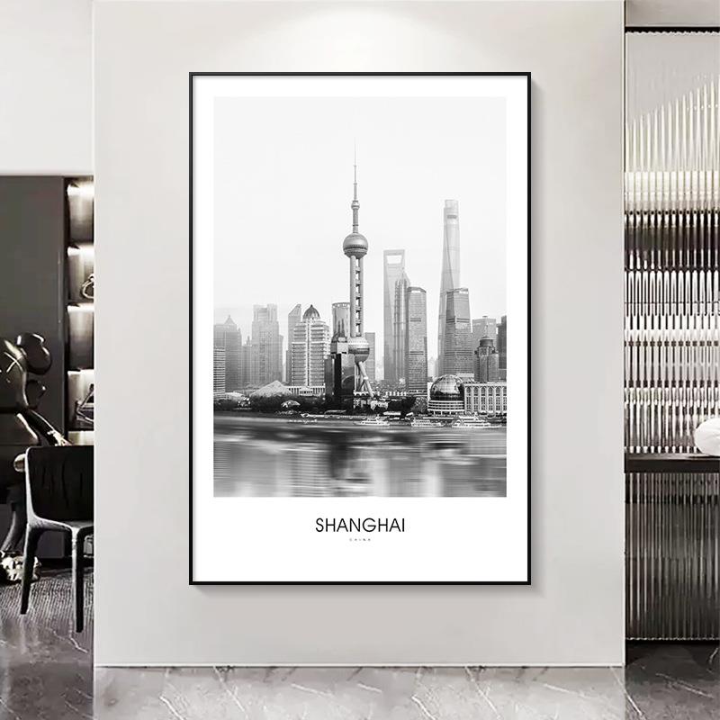 装饰画城市建筑上海黑白艺术风景摄影创意现代简约客厅壁挂画