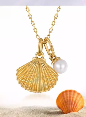 夏季新款天然淡水珍珠扇贝纯银项链925银简约风海洋贝壳项饰