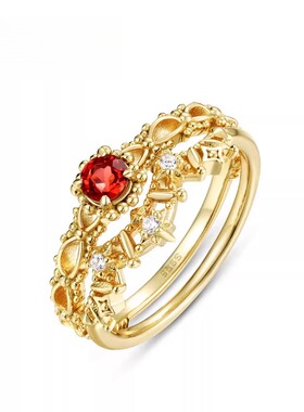 日韩复古红石榴小众设计宫廷风时尚开口戒指女轻奢高级感蕾丝指环
