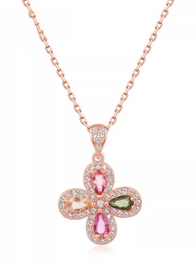 四叶草彩色碧玺吊坠锁骨链轻奢小众S925纯银项链女高级感项饰