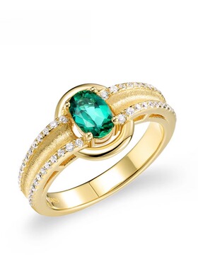 复古手工拉丝培育祖母绿戒指契风S925纯银镀金指环女高级感手饰