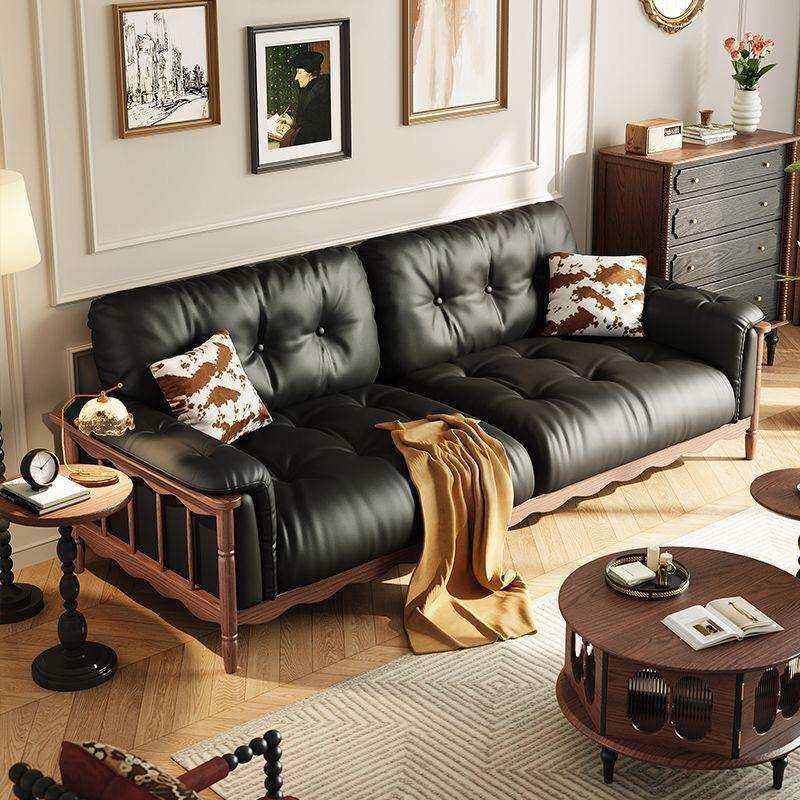 黑糖云朵白蜡木中古风实木沙发客厅黑色法式复古直排沙发别墅沙发