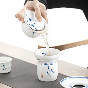 功夫盖碗茶具套装手绘青花瓷小鱼品茗杯茶盏斗笠茶杯客人家用简约
