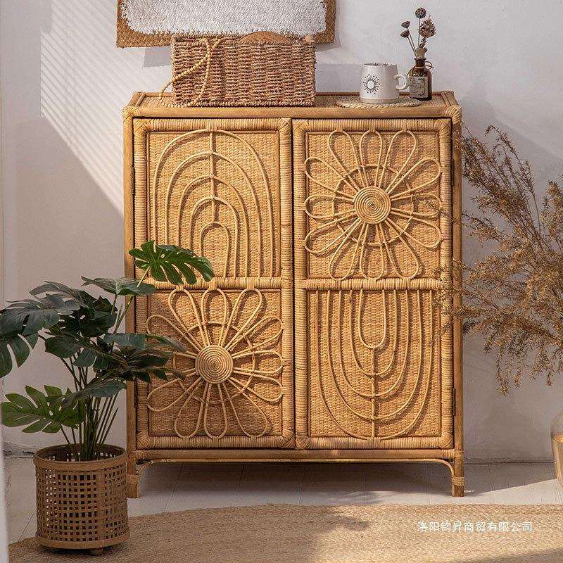 ^复古简约藤编储物柜家用小户型门厅餐边实木民宿轻奢玄关收纳