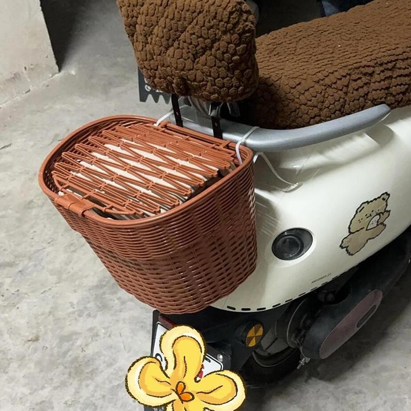 电动车后置车筐藤编储物挂包大容量收K纳箱放头盔带盖自行车篓