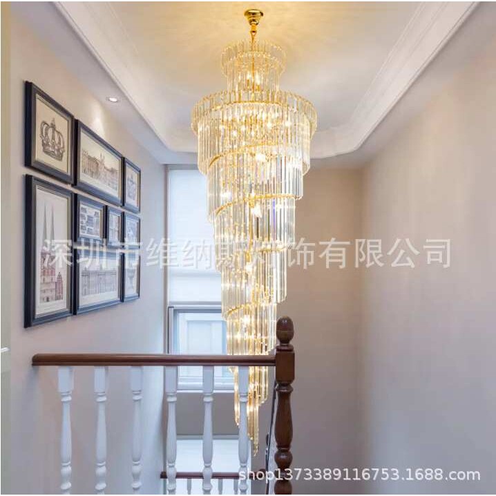 复式别墅客厅中空水晶吊灯大跃层旋转楼梯LED风轻奢家居