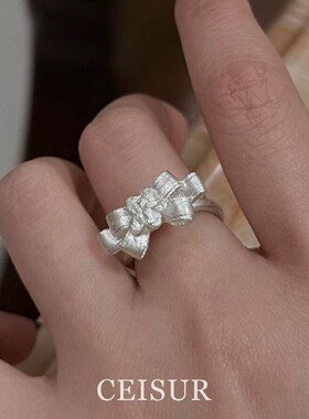 S925纯银蝴蝶结小花戒指女款小众