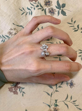 S925纯银复古珍珠花朵戒指女气质