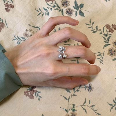 S925纯银复古珍珠花朵戒指女气质