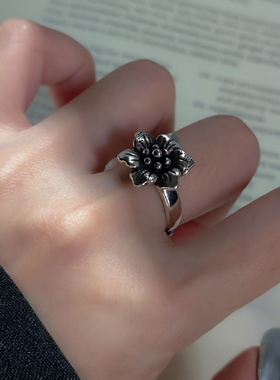 S925纯银中古做旧桃花立体戒指女