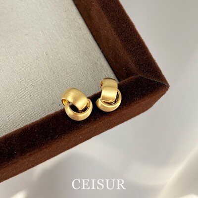 S925纯银金色拉丝圆环耳钉女2026