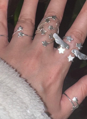 925纯银复古y2k天使翅膀星星戒指