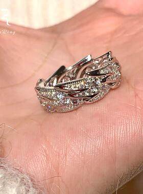 S925纯银闪钻宽版翅膀戒指女小众