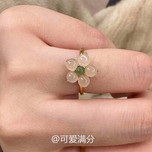 S925纯银新中式和田玉花朵戒指女